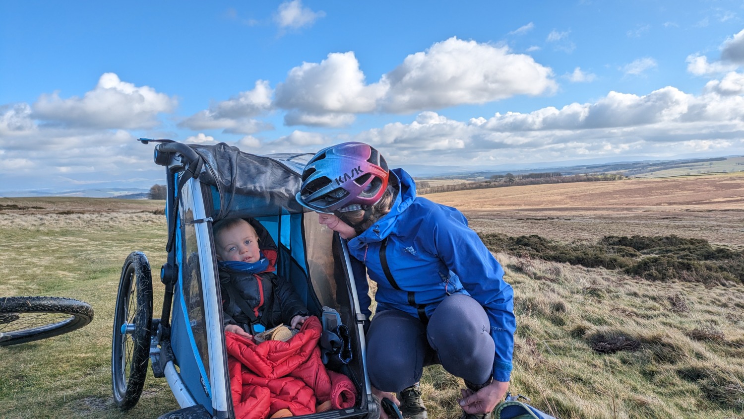 little boy in a bike trailer with his mum smiling at him