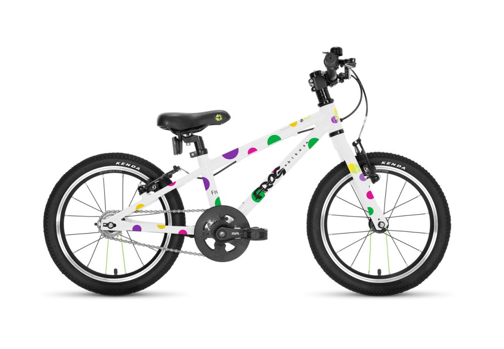 Best 16" kids' bikes: The Frog 44 in white with multicoloured polka dots
