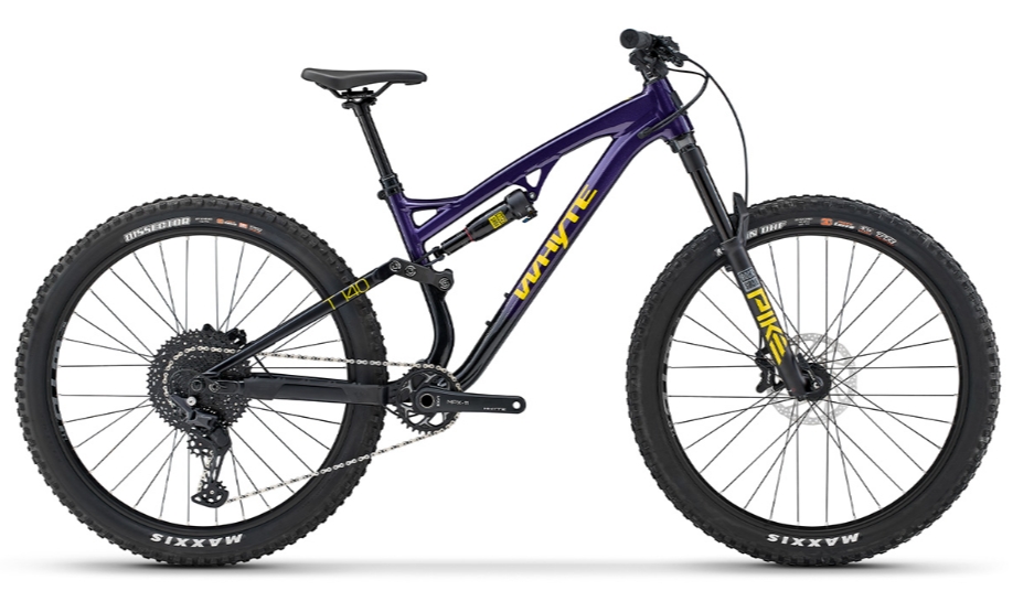 Whyte T-140 27 inch full suspension junior mountain bike in purple 