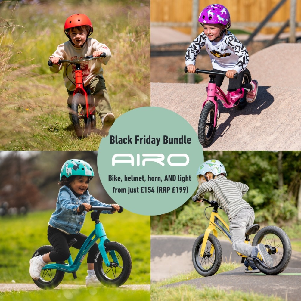 Hornit Black Friday deal: A photo of a toddler riding a Hornit balance bike, with a badge in the middle stating their AIRO bundle deal: Get an AIRO balance bike + a helmet + a MINI bike horn + a TRACE rear light from just £154 (RRP from £199)