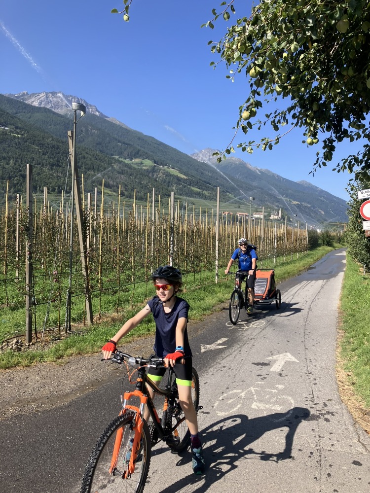 family cycling routes in Austria & italy: Bea Searle's child on their bike, followed by her partner with a bike trailer