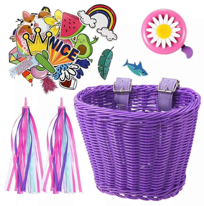 Best bike accessories for kids: A collage of purple accessories including a basket, streamers, stickers and a bell