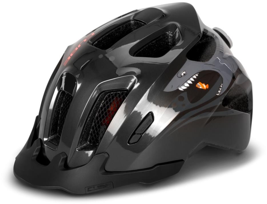 A black kids bike helmet with a picture of a shark about to bite a clownfish