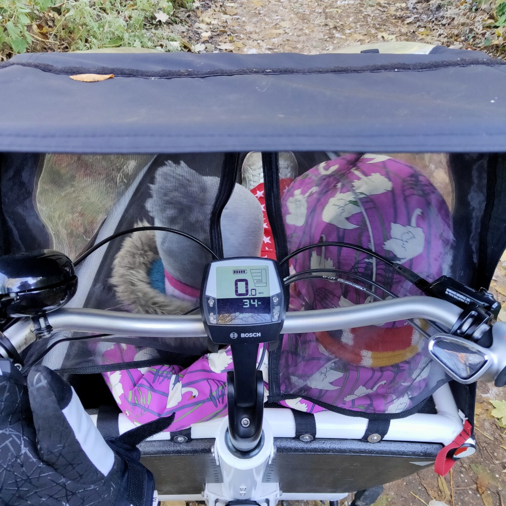 two children sitting in urban arrow cargo bike with rain cover on and blanket over their legs