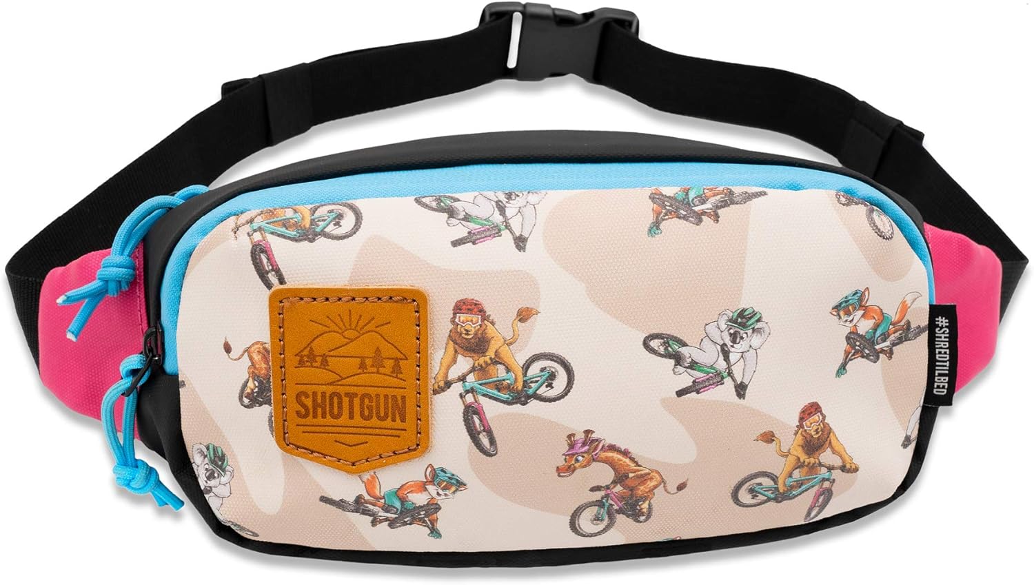 Best bike accessories for kids: A hip bag with cartoon animals riding bikes depicted on the front
