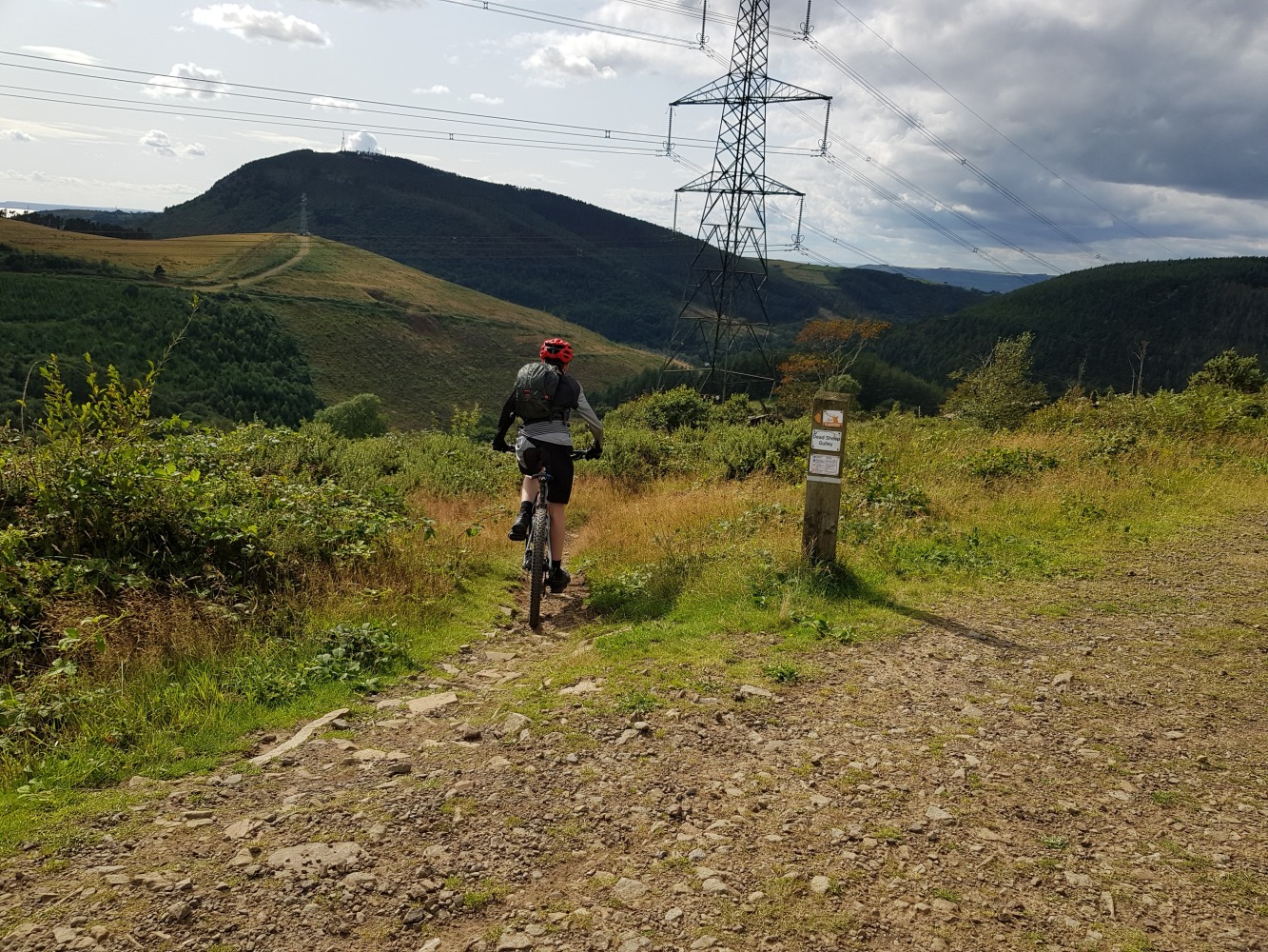 A boy on a mountain bike entering a signposted trail with hills and a pylon in the background