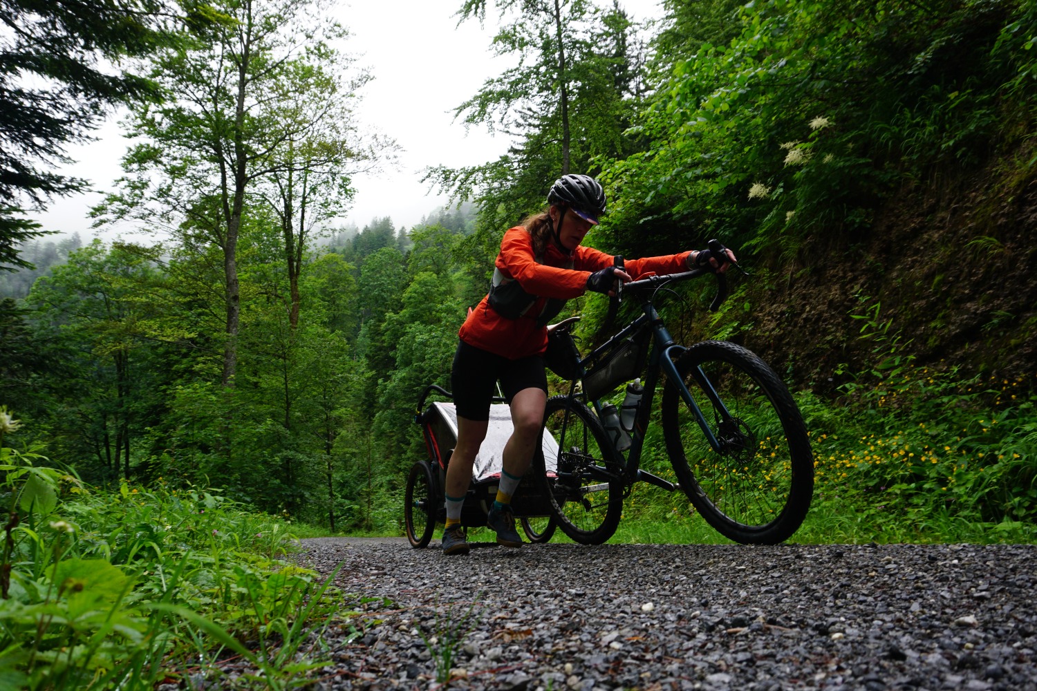 Hetty Kingston seen from the front, pushing her bike on foot, with the twins in a trailer behind her, trees in the background