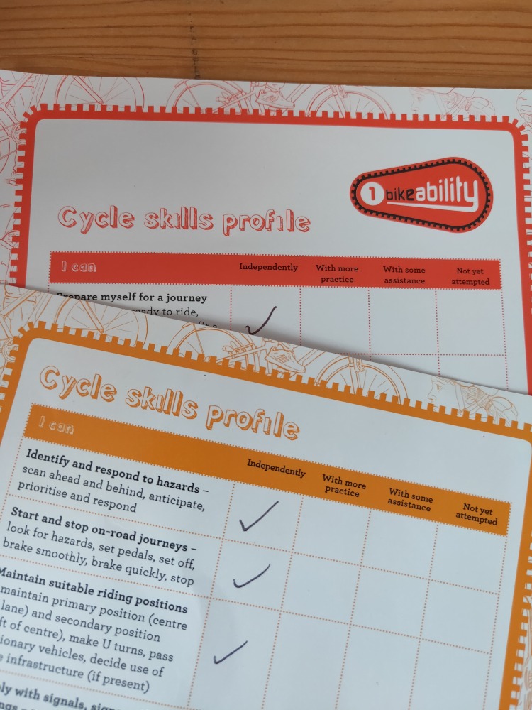 Bikeability certificate with list of skills