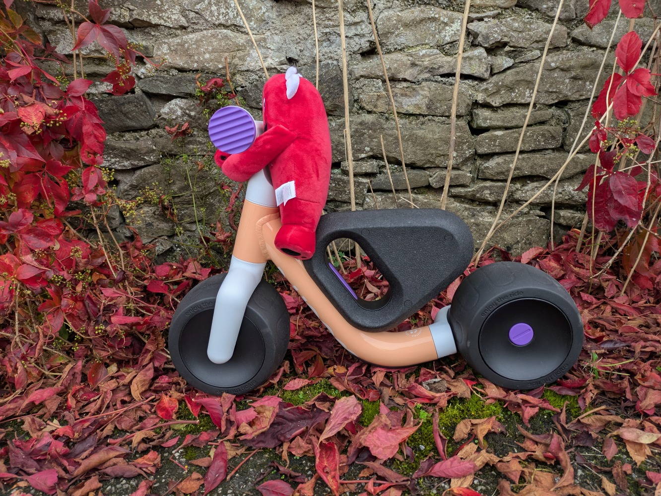 the peach colour woom WOW toddler first ride-on bike pictured against a wall with red leaves on the ground